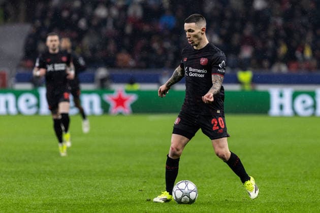 UEFA Champions League: Bayer 04 Leverkusen - Villarreal FC; 28.01.2026 Alejandro Grimaldo (Bayer 04 Leverkusen, 20) UEFA Champions League: Bayer 04 Leverkusen - Villarreal FC; BayArena, Leverkusen; 28.01.2026 Copyright: xBEAUTIFULxSPORTS Buriakovx