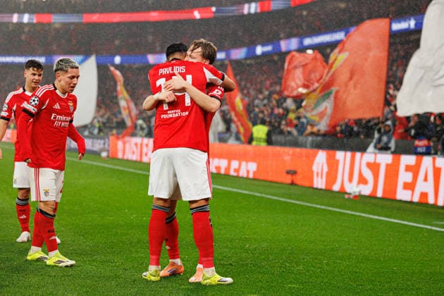 Andreas Schjelderup seen celebrating after goal seen during Champions League phase game between SL Benfica and Real Madrid CF (Maciej Rogowski Ball Raw Images) Lisbon Estadio da Luz Portugal Copyright: xMaciejxRogowskix maciejrogowski_benfica_realmadrid_2526-60