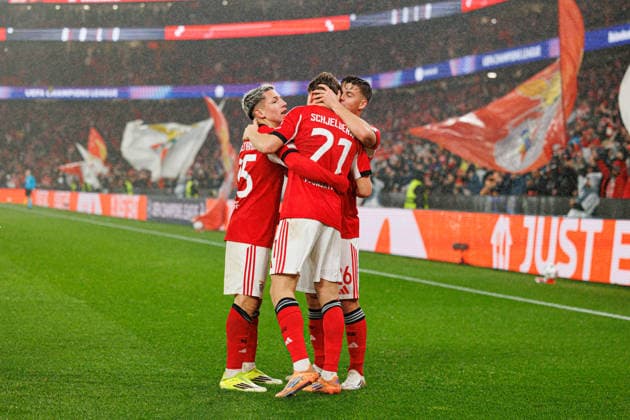 Andreas Schjelderup seen celebrating after goal seen during Champions League phase game between SL Benfica and Real Madrid CF (Maciej Rogowski Ball Raw Images) Lisbon Estadio da Luz Portugal Copyright: xMaciejxRogowskix maciejrogowski_benfica_realmadrid_2526-63