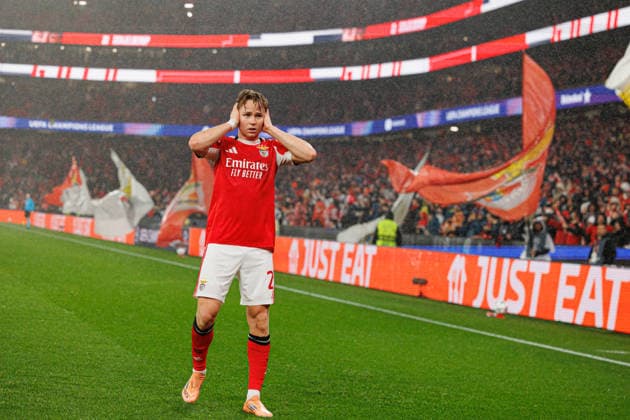 Andreas Schjelderup seen celebrating after goal seen during Champions League phase game between SL Benfica and Real Madrid CF (Maciej Rogowski Ball Raw Images) Lisbon Estadio da Luz Portugal Copyright: xMaciejxRogowskix maciejrogowski_benfica_realmadrid_2526-73