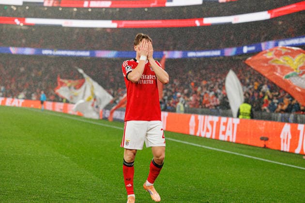 Andreas Schjelderup seen celebrating after goal seen during Champions League phase game between SL Benfica and Real Madrid CF (Maciej Rogowski Ball Raw Images) Lisbon Estadio da Luz Portugal Copyright: xMaciejxRogowskix maciejrogowski_benfica_realmadrid_2526-75