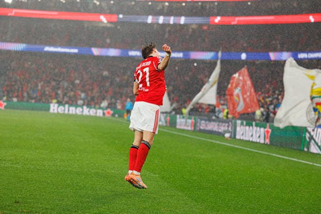 Andreas Schjelderup seen celebrating after goal seen during Champions League phase game between SL Benfica and Real Madrid CF (Maciej Rogowski Ball Raw Images) Lisbon Estadio da Luz Portugal Copyright: xMaciejxRogowskix maciejrogowski_benfica_realmadrid_2526-83