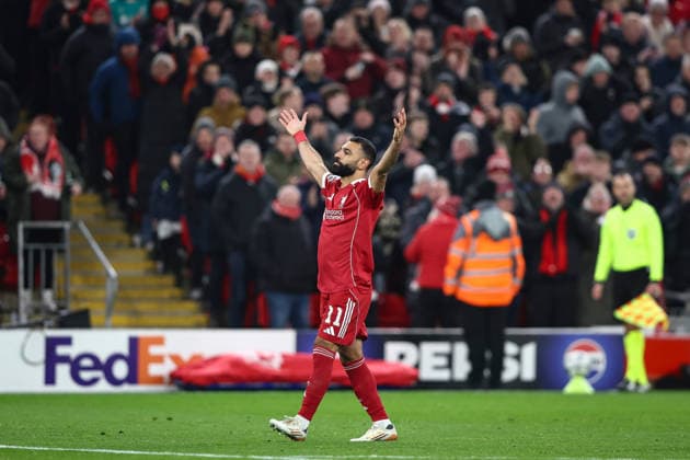 . - Liverpool v Qarabag FK, UEFA Champions League, League Phase, Anfield Stadium, Liverpool, England. - 28th January 2026. (C) Ian Stephen Crystal Pix GOAL 3-0, Mohamed Salah of Liverpool goal celebration after scoring a free-kick to put Liverpool 3-0 ahead against Qarabag FK. - Liverpool v Qarabag FK, UEFA Champions League, League Phase, Anfield Stadium, Liverpool, England. - 28th January 2026. (C) Ian Stephen Crystal Pix Copyright: xIanxStephenx CP_Liverpool_Qarabag_Ian_Stephen_280126_CP31
