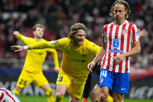 ATLETICO DE MADRID v FK BODO GLIMT. CHAMPIONS LEAGUE 2025 2026. ROUND 8 MATCH. FK Bodo Glimt s Kasper Hogh celebrates goal in presence of Atletico de Madrid s Marcos Llorente dejedcted during Champions League 2025 2026, Round 8 match. January 28 ,2026. (ALTERPHOTOS Acero) MadridSpain  Copyright: xAcerox
