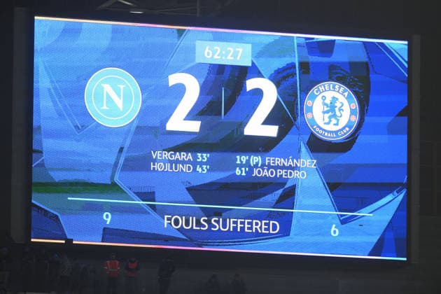 28th January 2026, Stadio Diego Armando Maradona, Naples, Italy; Champions League Football; Napoli versus Chelsea; The stadium s big screen displays the current result  AllShotLive Content restricted for UK based newspaper