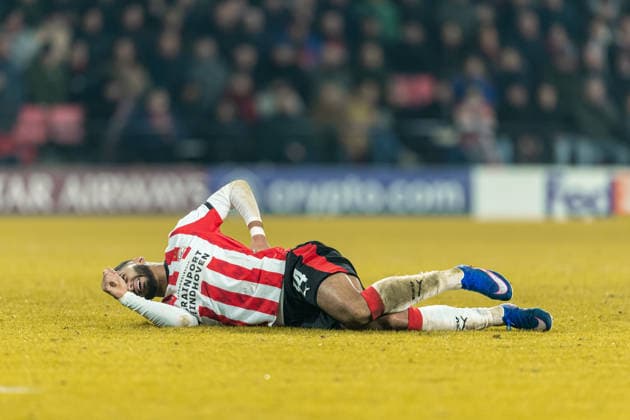 Ismael Saibari (PSV Eindhoven) on the ground during the UEFA Champions League 2025 26 League Phase MD8 match between PSV Eindhoven and FC Bayern München at PSV Stadion on January 28, 2026 in Eindhoven, Netherlands. -
