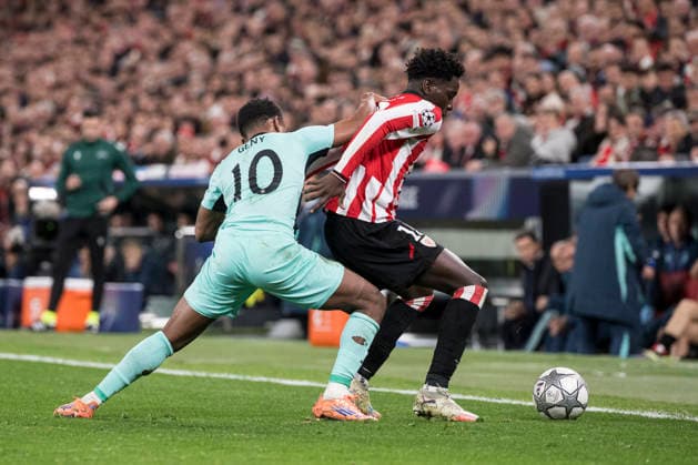 UEFA Champions League Athletic Club vs Sporting Clube de Portugal Adama Boiro of Athletic Club attempt to hold possession whilst under pressure from Geny Catamo of Sporting Clube de Portugal during Champions League 2025-26 League phase match between Athletic Club and Sporting Clube de Portugal at San mames stadium. Bilbo (Basque Country). January 28, 2026. (Gari Garaialde Bostok Photo) Bilbao Bizkaia Spain Editorial Use Only  Copyright: xGarikoitzxGaraialdex xBostokxPhotox Bostok Photo GarixGaraialdex GG2601280514