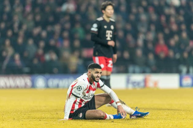 Ismael Saibari (PSV Eindhoven) on the ground during the UEFA Champions League 2025 26 League Phase MD8 match between PSV Eindhoven and FC Bayern München at PSV Stadion on January 28, 2026 in Eindhoven, Netherlands. -