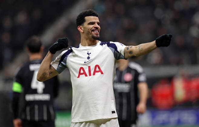 28.01.2026, xovx, Fußball UEFA Champions-League, Eintracht Frankfurt - Tottenham Hotspur Jubel nach dem Tor zum 0:2 bei Dominic Solanke (Tottenham Hotspur) (DFL DFB REGULATIONS PROHIBIT ANY USE OF PHOTOGRAPHS as IMAGE SEQUENCES and or QUASI-VIDEO) emspor Frankfurt am Main