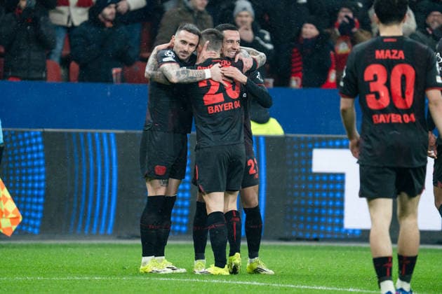 UEFA Champions League 2025 26 Bayer 04 Leverkusen vs. Villarreal CF 8. Spieltag der Ligaphase Mittwoch, 28.01.2026 BayArena (Nordrhein-Westfalen, Deutschland) Tor zum 3:0 durch Alejandro Grimaldo ( 20) Jubel Freude Emotionen Torjubel Lucas Vazquez ( 21) Copyright: xCelinaxLeiersx