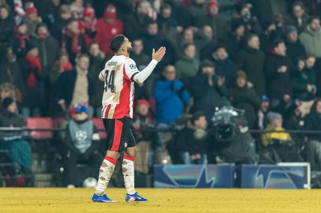 Ismael Saibari (PSV Eindhoven) celebrates after scoring his team s first goal during the UEFA Champions League 2025 26 League Phase MD8 match between PSV Eindhoven and FC Bayern München at PSV Stadion on January 28, 2026 in Eindhoven, Netherlands. -