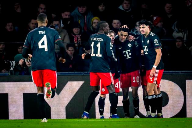 SC Bayern Munchen midfielder Jamal Musiala scores the 0-1 and celebrating the goal during the match PSV Eindhoven vs FC Bayern Munchen at the Philips stadium for the Champions League - League phase - Matchday 8 season 2025-2026 in EINDHOVEN, Netherlands on 28 01 2026, (Photo by Marcel van Dorst EYE4IMAGES) -