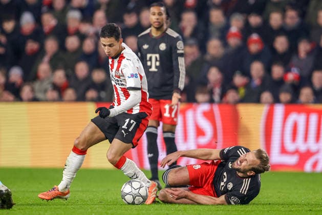 2026-01-28 PSV Eindhoven v FC Bayern Munich - UEFA Champions League 2025 26 League Phase MD8 EINDHOVEN, NETHERLANDS - JANUARY 28: Mauro Junior of PSV Eindhoven, Harry Kane of FC Bayern Munich during the UEFA Champions League 2025 26 League Phase MD8 match between PSV Eindhoven and FC Bayern Munich at Philips Stadion on January 28, 2026 in Eindhoven, Netherlands. Eindhoven Philips Stadion Netherlands Content not available for redistribution in The Netherlands directly or indirectly through any third parties. Copyright: xBroerxvanxdenxBoomx