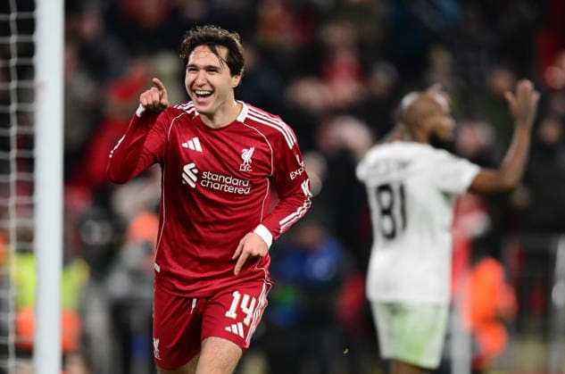 Liverpool, England, 28th January 2026. Federico Chiesa of Liverpool celebrates scoring their sixth goal during the Liverpool vs Qarabag FK UEFA Champions League match at Anfield, Liverpool. Picture credit should read: Harriet Massey Sportimage EDITORIAL USE ONLY. No use with unauthorised audio, video, data, fixture lists, club league logos or live services. Online in-match use limited to 120 images, no video emulation. No use in betting, games or single club league player publications. SPI_071_HM_Lpool_Qarabag SPI-4487-0070