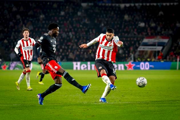 PSV Eindhoven midfielder Ismael Saibari scores the 1-1 during the match PSV Eindhoven vs FC Bayern Munchen at the Philips stadium for the Champions League - League phase - Matchday 8 season 2025-2026 in EINDHOVEN, Netherlands on 28 01 2026, (Photo by Marcel van Dorst EYE4IMAGES) -