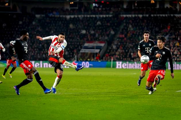 PSV Eindhoven midfielder Ismael Saibari scores the 1-1 during the match PSV Eindhoven vs FC Bayern Munchen at the Philips stadium for the Champions League - League phase - Matchday 8 season 2025-2026 in EINDHOVEN, Netherlands on 28 01 2026, (Photo by Marcel van Dorst EYE4IMAGES) -