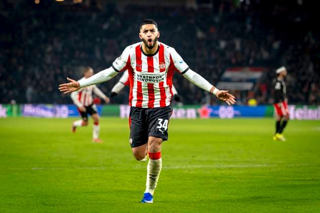 PSV Eindhoven midfielder Ismael Saibari scores the 1-1 and celebrating the goal during the match PSV Eindhoven vs FC Bayern Munchen at the Philips stadium for the Champions League - League phase - Matchday 8 season 2025-2026 in EINDHOVEN, Netherlands on 28 01 2026, (Photo by Marcel van Dorst EYE4IMAGES) -