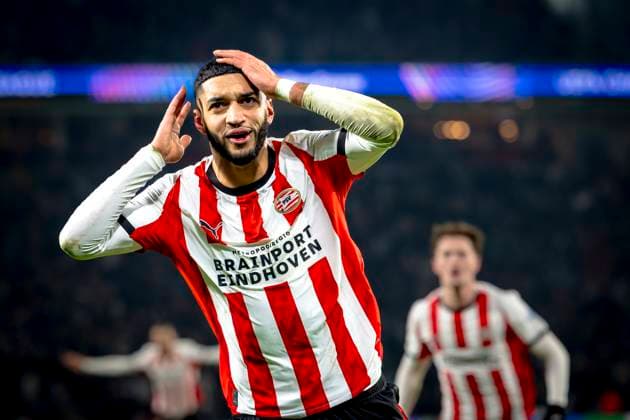 PSV Eindhoven midfielder Ismael Saibari scores the 1-1 and celebrating the goal during the match PSV Eindhoven vs FC Bayern Munchen at the Philips stadium for the Champions League - League phase - Matchday 8 season 2025-2026 in EINDHOVEN, Netherlands on 28 01 2026, (Photo by Marcel van Dorst EYE4IMAGES) -