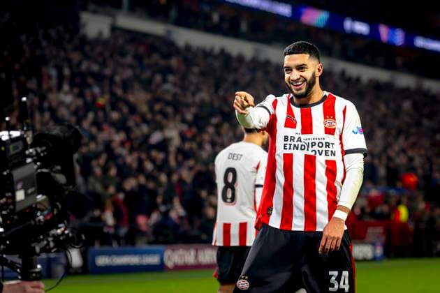PSV Eindhoven midfielder Ismael Saibari scores the 1-1 and celebrating the goal during the match PSV Eindhoven vs FC Bayern Munchen at the Philips stadium for the Champions League - League phase - Matchday 8 season 2025-2026 in EINDHOVEN, Netherlands on 28 01 2026, (Photo by Marcel van Dorst EYE4IMAGES) -