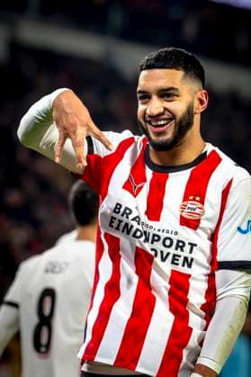 PSV Eindhoven midfielder Ismael Saibari scores the 1-1 and celebrating the goal during the match PSV Eindhoven vs FC Bayern Munchen at the Philips stadium for the Champions League - League phase - Matchday 8 season 2025-2026 in EINDHOVEN, Netherlands on 28 01 2026, (Photo by Marcel van Dorst EYE4IMAGES) -