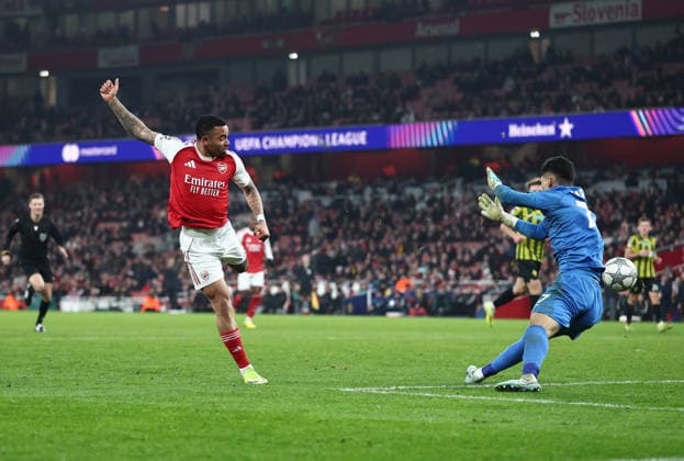 London, England, 28th January 2026. Gabriel Jesus of Arsenal scores before its disallowed during the Arsenal vs Kairat Almaty UEFA Champions League match at the Emirates Stadium, London. Picture credit should read: David Klein Sportimage EDITORIAL USE ONLY. No use with unauthorised audio, video, data, fixture lists, club league logos or live services. Online in-match use limited to 120 images, no video emulation. No use in betting, games or single club league player publications. SPI_058_DK_Arsenal_Alamty SPI-4488-0055