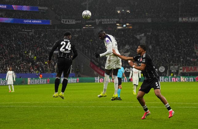 Randal Kolo Muani (Tottenham Hotspur) heads the UEFA Champions League 2025 26 League Phase match between Eintracht Frankfurt and Tottenham Hotspur, Deutsche Bank Arena on January 28, 2026 in Frankfurt, Germany. (Photo by Thor Wegner DeFodi Images) -