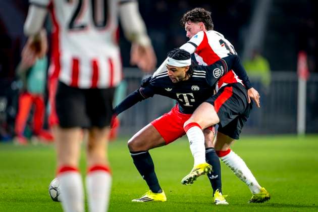 SC Bayern Munchen forwarder Serge Gnabry, PSV Eindhoven midfielder Paul Wanner during the match PSV Eindhoven vs FC Bayern Munchen at the Philips stadium for the Champions League - League phase - Matchday 8 season 2025-2026 in EINDHOVEN, Netherlands on 28 01 2026, (Photo by Marcel van Dorst EYE4IMAGES) -