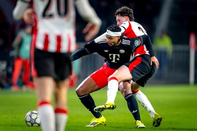 SC Bayern Munchen forwarder Serge Gnabry, PSV Eindhoven midfielder Paul Wanner during the match PSV Eindhoven vs FC Bayern Munchen at the Philips stadium for the Champions League - League phase - Matchday 8 season 2025-2026 in EINDHOVEN, Netherlands on 28 01 2026, (Photo by Marcel van Dorst EYE4IMAGES) -