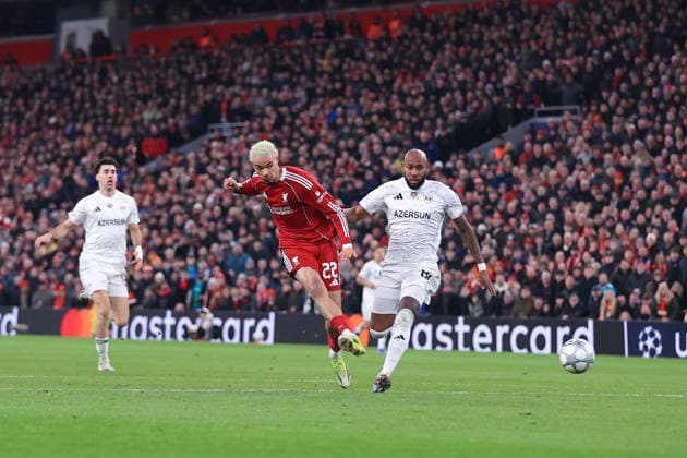 Football - UEFA Champions League - League Phase - Liverpool v Qarabag 28th January 2026 - UEFA Champions League - League Phase - Liverpool v Qarabag - Hugo Ekitike of Liverpool scores their 4th goal - Photo: Simon Stacpoole Offside. Manchester UK Copyright: xSimonxStacpoolexOffside