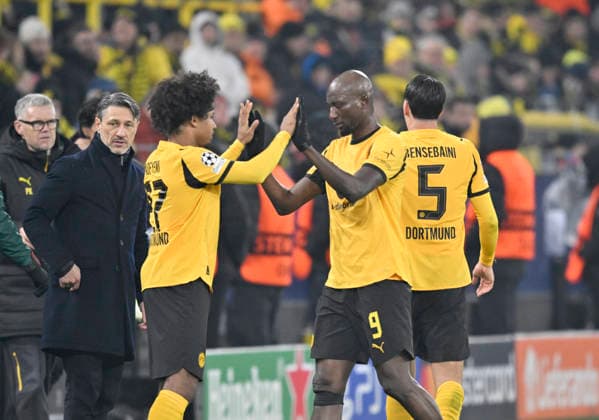 v.r. Serhou Guirassy (Borussia Dortmund), Karim Adeyemi (Borussia Dortmund), Trainer Niko Kovac (Borussia Dortmund), Auswechslung, Einwechslung, Fussball Champions League, Borussia Dortmund - Inter Mailand, 8. Spieltag, am 28.01.2026 in Dortmund Deutschland. UEFA regulations prohibit any use of photographs as image sequences and or quasi-video Â