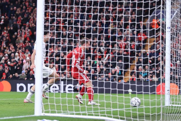Football - UEFA Champions League - League Phase - Liverpool v Qarabag 28th January 2026 - UEFA Champions League - League Phase - Liverpool v Qarabag - Alexis Mac Allister of Liverpool scores their 5th goal - Photo: Simon Stacpoole Offside. Manchester UK Copyright: xSimonxStacpoolexOffside