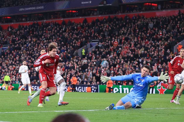 Football - UEFA Champions League - League Phase - Liverpool v Qarabag 28th January 2026 - UEFA Champions League - League Phase - Liverpool v Qarabag - Federico Chiesa of Liverpool scores their 6th goal - Photo: Simon Stacpoole Offside. Manchester UK Copyright: xSimonxStacpoolexOffside