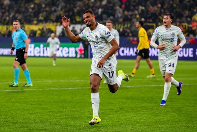 DORTMUND, GERMANY - JANUARY 28: Andy Diouf of FC Internazionale celebrates after scoring his team s second goal during the UEFA Champions League 2025 26 League Phase MD8 match between Borussia Dortmund and FC Internazionale Milano at BVB Stadion Dortmund on January 28, 2026 in Dortmund, Germany. (Photo by Rene Nijhuis) SPO  Copyright: xRenexNijhuis