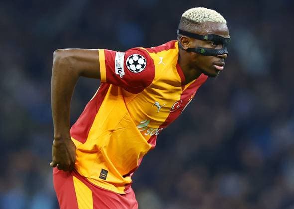 Victor Osimhen of Galatasaray wearing a protective face mask Manchester City v Galatasaray, UEFA Champions League, Group Stage, Football, Etihad Stadium, Manchester, UK - 28 Jan 2026Manchester Etihad Stadium United Kingdom EDITORIAL USE ONLY No use with unauthorised audio, video, data, fixture lists, club league logos or live services. Online in-match use limited to 120 images, no video emulation. No use in betting, games or single club league player publications. Copyright: xMattxWest Shutterstockx 16429496bc
