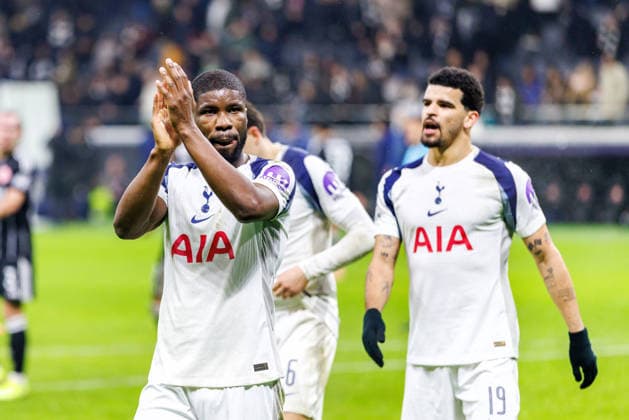 FRANKFURT, DEUTSCHLAND - JANUARY 28: Kevin Danso (Tottenham Hotspur, 4) and teammates celebrate after the team s victory in the UEFA Champions League match between Eintracht Frankfurt vs. Tottenham Hotspur at Eintracht Frankfurt Stadium on matchday 8 of the League Phase on January 28, 2026 in Frankfurt, Deutschland. Hessen Deutschland Copyright: xStephanxHahnex