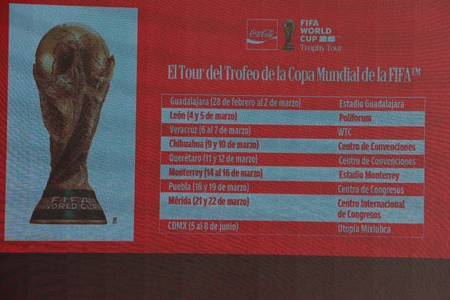 Official announcement of the FIFA World Cup, WM, Weltmeisterschaft, Fussball Trophy Tour in Mexico MEXICO CITY, MEXICO - JANUARY 28: The dates and venues for the Trophy Tour in Mexico are displayed on a screen during the official announcement of the FIFA World Cup Trophy Tour, at the Monument to the Revolution, in Mexico City, Mexico on January 28, 2026. Daniel Cardenas Anadolu Mexico Mexico. Editorial use only. Please get in touch for any other usage.  Copyright: x2026xAnadoluxDanielxCardenasx