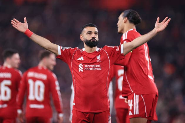 Football - UEFA Champions League - League Phase - Liverpool v Qarabag 28th January 2026 - UEFA Champions League - League Phase - Liverpool v Qarabag - Mohamed Salah of Liverpool celebrates after scoring their 3rd goal - Photo: Simon Stacpoole Offside. Manchester UK Copyright: xSimonxStacpoolexOffside