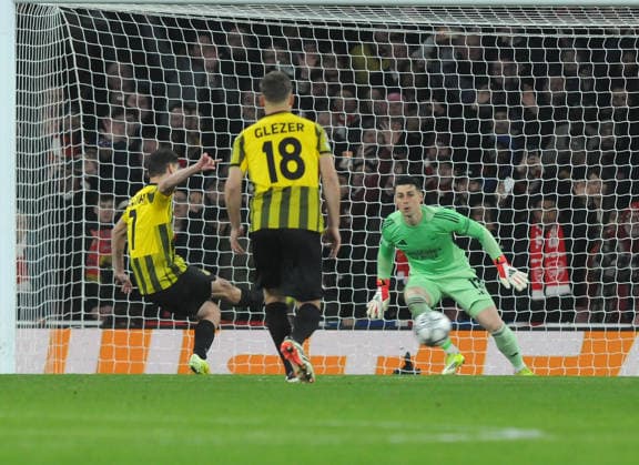 Football - 2025 2026 UEFA Champions League - Pool Stage - Round 8 (Final) - Arsenal vs FC Kairat - Emirates Stadium - Wednesday 28th January 2026 Jorginho of FC Kairat scoring the equalising goal from the penalty spot 