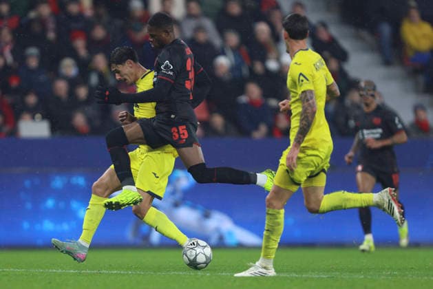 Sergi Cardona (Villarreal CF) und Christian Kofane (Bayer 04 Leverkusen) battle for the ball during the UEFA Champions League 2025 26 League Phase MD8 match between Bayer 04 Leverkusen and Villarreal CF at BayArena on January 28, 2026 in Leverkusen, Germany. (Photo by Oliver Kaelke DeFodi Images) -