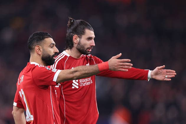 Football - UEFA Champions League - League Phase - Liverpool v Qarabag 28th January 2026 - UEFA Champions League - League Phase - Liverpool v Qarabag - Mohamed Salah of Liverpool (L) and Dominik Szoboszlai of Liverpool gesture - Photo: Simon Stacpoole Offside. Manchester UK Copyright: xSimonxStacpoolexOffside