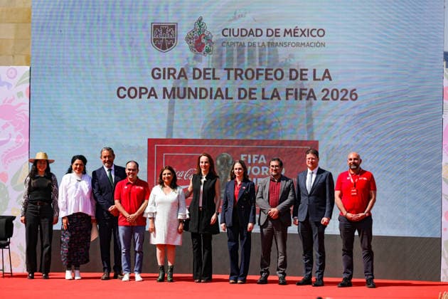 January 28, 2026, Mexico City, Ciudad de Mexico, Mexico: (L-R) Alejandra Frausto Guerrero, Minister of Culture of the Government of Mexico City; Jo¼rgen Mainka Ruiz, FIFA s executive director in Mexico; Patricio Caso, Senior Director of Public Affairs, Communication and Sustainability at Coca-Cola Mexico; Head of Government of Mexico City, Clara Brugada Molina; Gabriela Cuevas, Mexico s representative for the 2026 FIFA World Cup, WM, Weltmeisterschaft, Fussball and Carmen Mendez, VP of marketing for Coca-Cola Mexico, pose during the FIFA World Cup 2026 Trophy Tour event at the Monumento a la Revolucion, where the locations that will host the FIFA World Cup 2026 trophy were announced. on January 28, 2026 inMexico City, Mexico. Mexico City Mexico - ZUMAe321 20260128_zsa_e321_004 Copyright: xIanxRoblesx