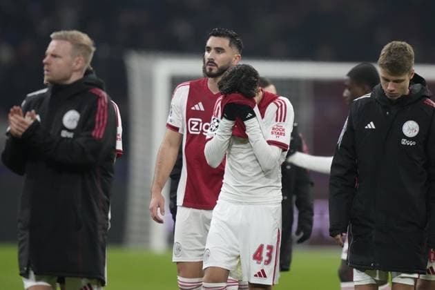 AMSTERDAM , 28-01-2026 , JohanCruijff ArenA , season 2025 2026 , UEFA Champions League football , League phase Matchday 8 , match between Ajax and Olympiacos , picture shows Ajax player Rayane Bounida disappointed after loss 1-2 Ajax - Olympiacos  x201148198x Copyright: