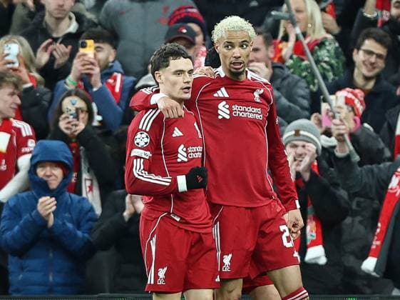 . - Liverpool v Qarabag FK, UEFA Champions League, League Phase, Anfield Stadium, Liverpool, England. - 28th January 2026. (C) Ian Stephen Crystal Pix GOAL 2-0, Florian Wirtz of Liverpool goal celebration with Hugo Ekitike of Liverpool after scoring a goal to put Liverpool 2-0 ahead against Qarabag FK. - Liverpool v Qarabag FK, UEFA Champions League, League Phase, Anfield Stadium, Liverpool, England. - 28th January 2026. (C) Ian Stephen Crystal Pix Copyright: xIanxStephenx CP_Liverpool_Qarabag_Ian_Stephen_280126_CP57
