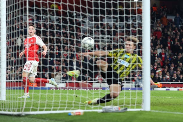 Arsenal v Kairat 28th January 2026, London - UEFA Champions League Football, Group Stage - Arsenal v Kairat - Viktor Gyokeres of Arsenal watches as his shot is cleared off the line - Photo: Charlotte Wilson Offside. London UK Copyright: xCharlottexWilsonx xOffsidexOffside
