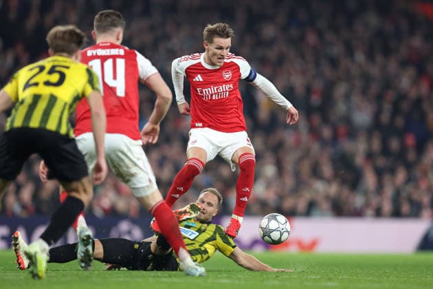 Arsenal v Kairat 28th January 2026, London - UEFA Champions League Football, Group Stage - Arsenal v Kairat - Martin Odegaard of Arsenal jumps to avoid a tackle - Photo: Charlotte Wilson Offside. London UK Copyright: xCharlottexWilsonx xOffsidexOffside