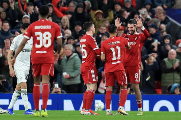 28th January 2026; Anfield, Liverpool, Merseyside, England; UEFA Champions League Football, Liverpool versus Qarabag; Mohammed Salah of Liverpool celebrates with team mate Dominik Szoboszlai after scoring for 3-0 after 50 minutes  DavidxBlunsden