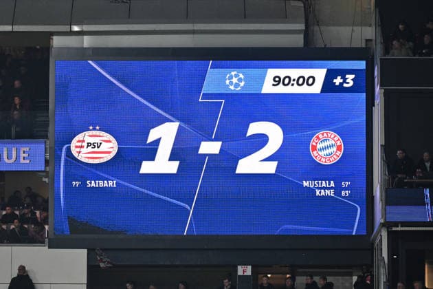 UEFA Champions League; PSV Eindhoven - FC Bayern München; 28.01.2026 EINDHOVEN, NETHERLANDS - 28. JANUARY: im Bild die Anzeigetafel mit dem Endstand in Eindhoven während dem Match zwischen PSV Eindhoven und dem FC Bayern München am 8. Spieltag der UEFA Champions League Gruppenphase im Philips Stadion Symbolbild Copyright: xBEAUTIFULxSPORTS Goldbergx