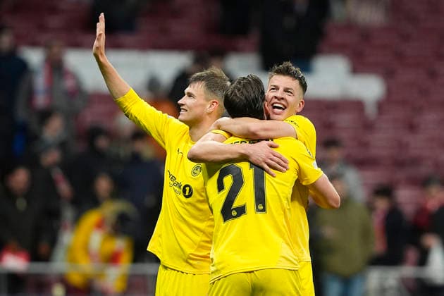 ATLETICO DE MADRID v FK BODO GLIMT. CHAMPIONS LEAGUE 2025 2026. ROUND 8 MATCH. FK Bodo Glimt s Odin Bjortuft, Andreas Helmersen and Jostein Gundersen celebrate the victory in Champions League 2025 2026, Round 8 match. January 28 ,2026. (ALTERPHOTOS Acero) MadridSpain  Copyright: xAcerox