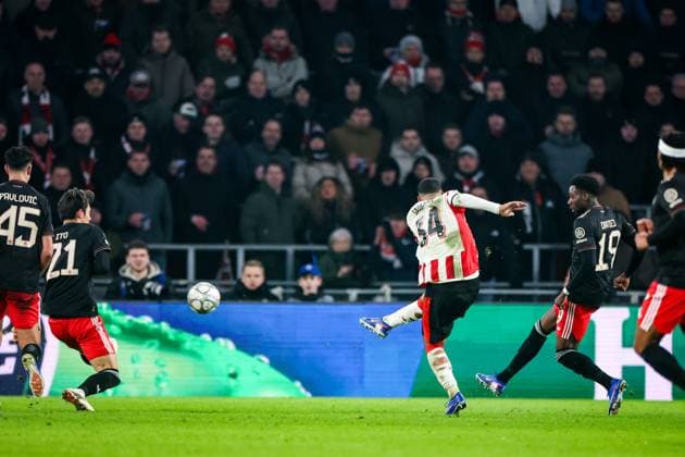 EINDHOVEN - Ismael Saibari of PSV Eindhoven scores the equalizer during the UEFA Champions League match between PSV Eindhoven and FC Bayern Munich at the Phillips Stadium on January 28, 2026, in Eindhoven, Netherlands. BART STOUTJESDIJK ANP UEFA Champions League 2025-2026 xVIxANPxSportx xxANPxIVx 548928629 originalFilename: 548928629.jpg