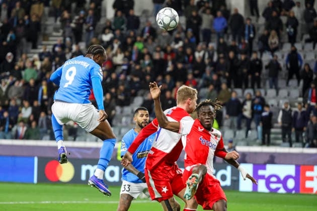 UEFA CL : Pafos vs Slavia Praha MONS BASSOUAMINA of Pafos heads the ball. Pafos plays against Slavia Praha for the League Phase of the UEFA Champions League in Limassol stadium, Limassol, Cyprus, on Jan. 28, 2026. Limassol Cyprus Copyright: xKOSTASxPIKOULASx